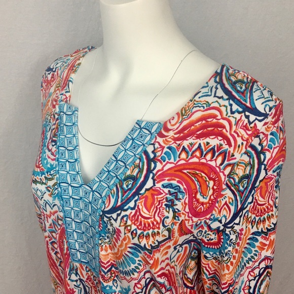 Crown & Ivy Petite XL Dress 3/4 Sleeve Split Front V-Neck Stretch Vibrant Print - Picture 6 of 16